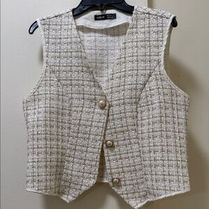 SHEIN Beige Tweed Vest with Pearl Accents
